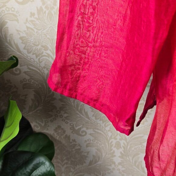 Eileen Fisher Size Large Red Sheer Blouse Button Front Round Neck Long Sleeve - Picture 5 of 12